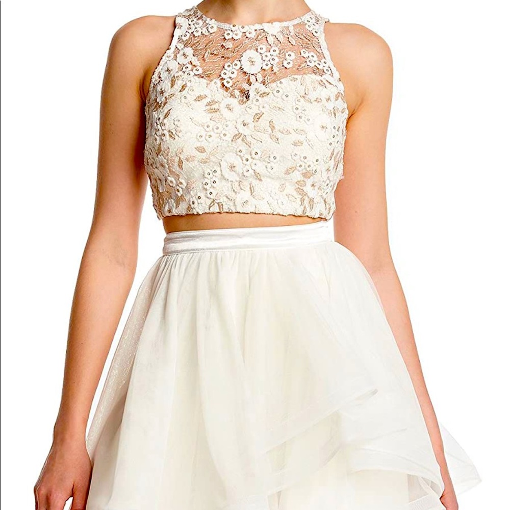 Sequin Hearts 2 Piece White and Gold Dress Set